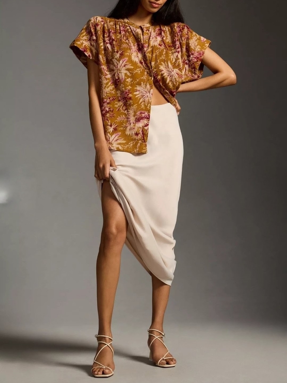 Anthropologie Pilcro Floral Short Sleeve Button Up Blouse Top Peach XXSP/XSP